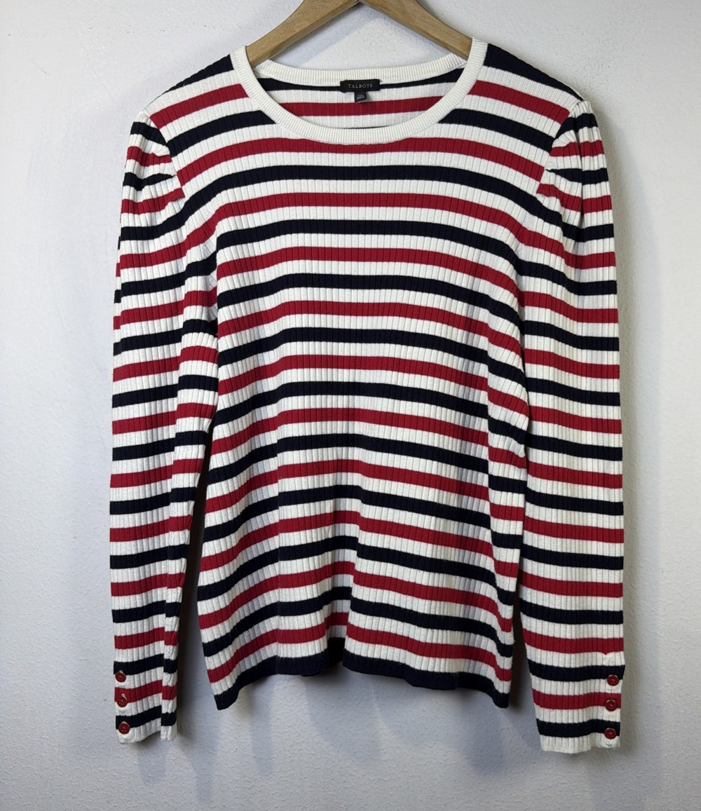 Talbots Sweater Womens XL Red White preppy Stripe Puff Sleeve ribbed coastal